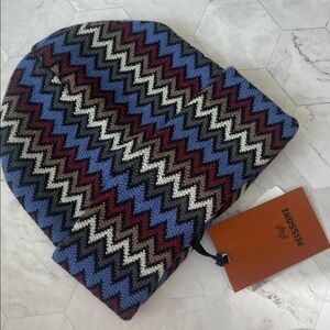 $265 Authentic MISSONI Multicolored Blue Chevron Wool Blend Cuff Beanie Hat